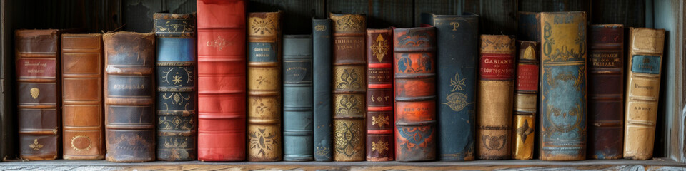 photo panoramique d'une étagère remplie de livres anciens colorés et de vases avec plantes - obrazy, fototapety, plakaty