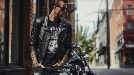 Fototapeta na wymiar A bad biker vibe with a black leather jacket ripped jeans and a graphic tee.