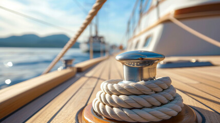 Obraz premium vue de détail d'un taquet d'amarrage sur le pont d'un voilier