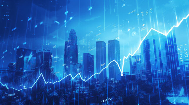 cityscape overlaid with a graphical representation of a stock market chart