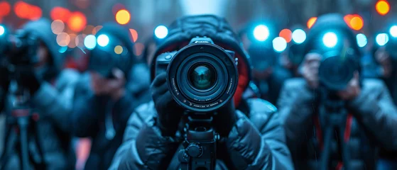 Foto op Plexiglas Group of photographers with cameras on black background, banner design. Paparazzi taking pictures,generative ai © LomaPari2021