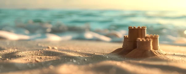  Close up photo of sand castle on the ocean beach on sunset. Summer kids holidays on the sea side, sea coast. Concept of summer vacation for postcard, banner, poster, advertisement with copy space. © Irina