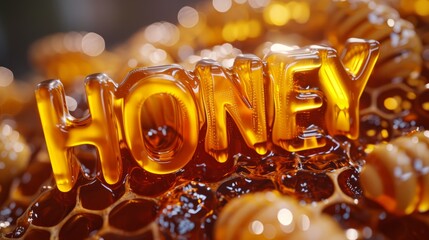HONEY font made of honey on honeycomb - obrazy, fototapety, plakaty