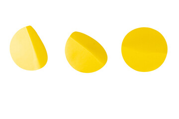 Round yellow stickers, blank tags labels isolated on a white background.
