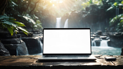 Laptop with blank white screen mock up on mountain lake in the rocks with waterfall in the tropical jungle. Remote work on vacation and travel, home office, internet, tours, trekking.
