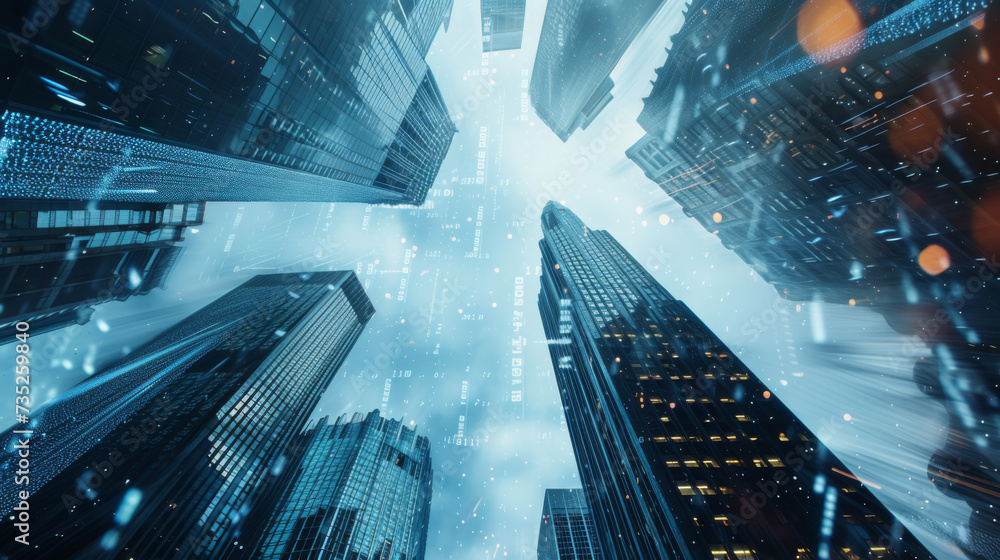 Aufkleber skyscrapers with superimposed graphs and numerical data, illustrating a concept of the business dist