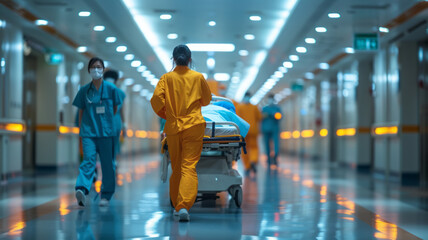 Team of asian doctors rushing a patient in a gurney at the hospital,generative ai