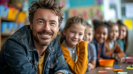 Students doing a creativity project with their teacher in a classroom. Group of primary school children learning how to draw and colour with the help of their educator ,generative ai