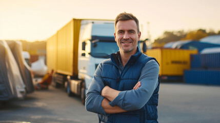 smiling male truck driver with arms crossed standing in front of a large cargo truck and shipping containers
