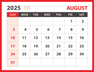 August 2025 template, Calendar 2025 design vector, planner layout, Week starts Sunday, Desk calendar 2025 template, Stationery. Wall calendar on red background, vector eps 10