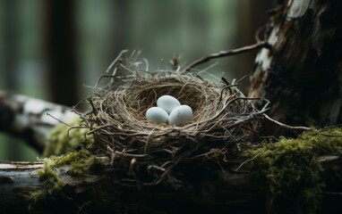 Naklejka na ściany i meble white bird egg nest on a log