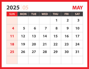 May 2025 template, Calendar 2025 design vector, planner layout, Week starts Sunday, Desk calendar 2025 template, Stationery. Wall calendar on red background, vector eps 10