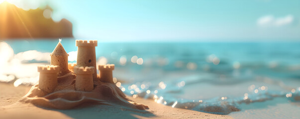 Close up photo of sand castle on the ocean beach on sunrise. Summer kids holidays on the sea side, sea coast. Concept of summer vacation for postcard, banner, poster, advertisement with copy space. - obrazy, fototapety, plakaty