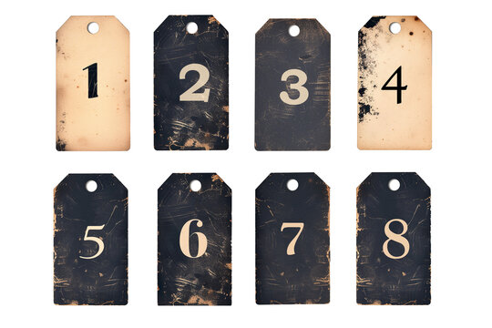 Set of Vintage label tag Numbers on isolated, Vintage ephemera