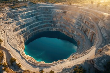 Aerial View of Deep Mine Shaft with Aquamarine Water Pool. - obrazy, fototapety, plakaty