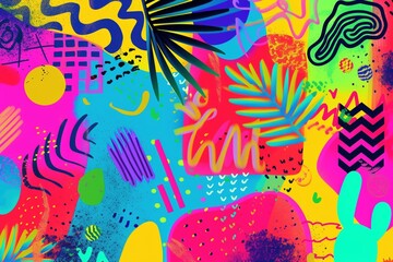 burst of joy with this charming collage pattern, featuring a kaleidoscope of rainbow colors and lively, bold tones that radiate with nostalgia and whimsical charm