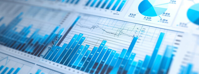 close-up of a collection of business documents with various types of charts and graphs - obrazy, fototapety, plakaty