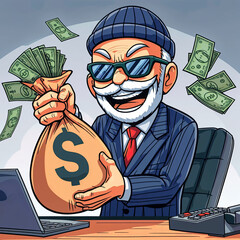 Cartoon illustration of a senior man with a doller bag of money - obrazy, fototapety, plakaty