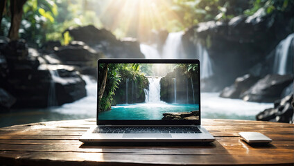 Laptop with waterfall in the tropical jungle wallpaper on table on a mountain lake in the rocks with waterfall. Remote work on vacation and travel, home office, internet, tours, trekking.  - obrazy, fototapety, plakaty