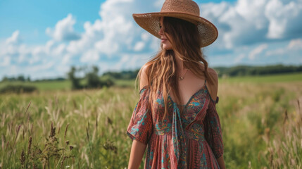 A breezy bohemian style outfit with a flowy babydoll maxi dress in a colorful print and a widebrimmed hat perfect for a music festival in the countryside. - obrazy, fototapety, plakaty