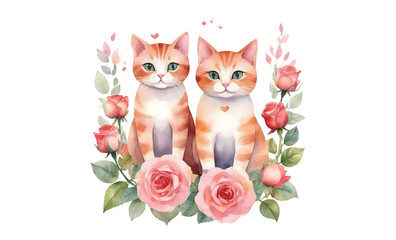 Cute Cat Couple with Watercolor Flowers Clipart Graphic
