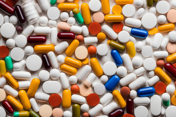 Background with many different medications including capsules and tablets.