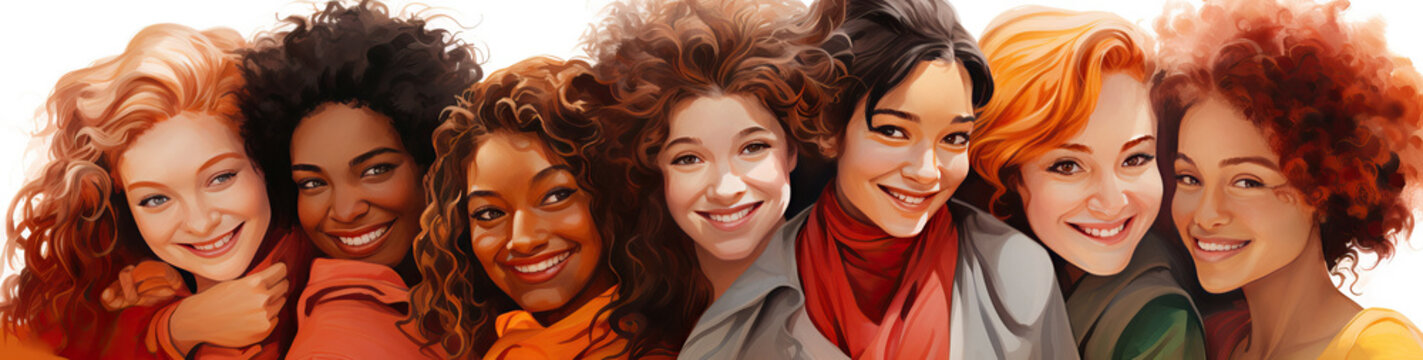 Illustration of a group of happy women of different nationalities hugging on a white background. Concept of women's day, women's solidarity