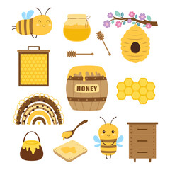 cartoon set with bees and honey, cute cartoon collection, funny illustration in flat style, elements beekeeping with honey bee, beehives, border, flowers, honeycombs and rainbow