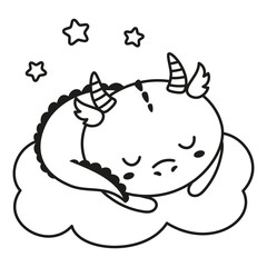 cute baby dragon sleeping on cloud isolated on white background, outline flat vector illustration with symbol of new year