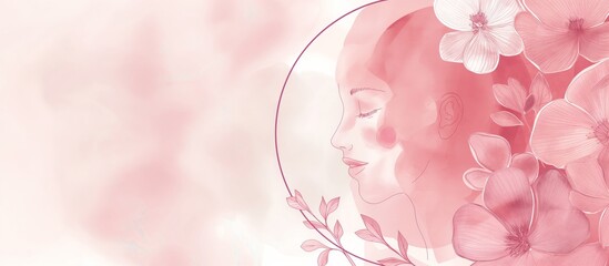 Happy Women's Day, Mother day, watercolor style, pink and magenta hues. Creatively circular frame of flowers with a woman's face, digital artwork, background