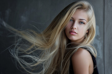 blond beautiful haired girl on the black background