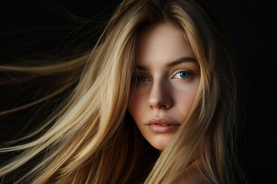 blond beautiful haired girl on the black background