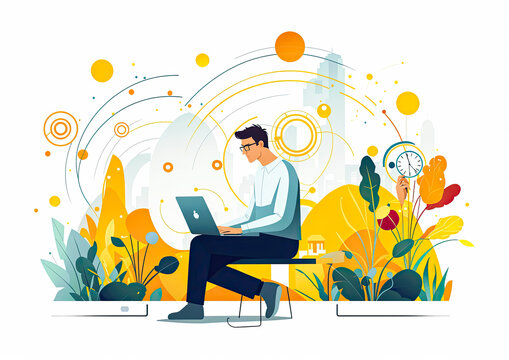 Businessman working with laptop in the city Flat design illustration