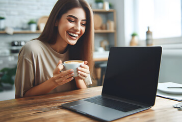 Obraz premium Video call and chat concept. Woman video conferencing on laptop in coffe shop. Generative ai.