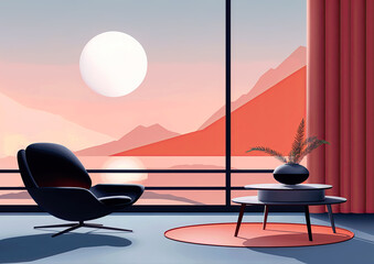 modern room with a large window, overlooking a mountain lake is black armchair and a coffee table in the room 