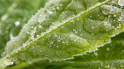 A close up of frost crystals forming on a winter leaf