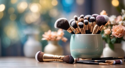 Bunch of makeup brushes in a cup on a table - Powered by Adobe