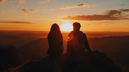 A couple watching the sunset from a mountain top