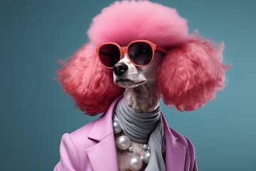 Chic Photo stylish glamorous poodle with pink fur. Luxury fluffy dog portrait outdoor. Generate ai