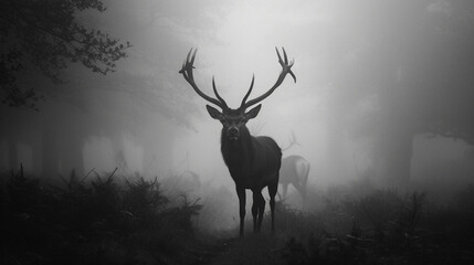 A lone stag silhouetted against a misty mystic woodland