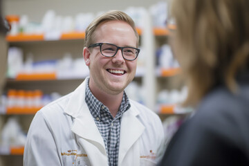 Fototapeta premium man in glasses and lab coat smiles at his pharmacist