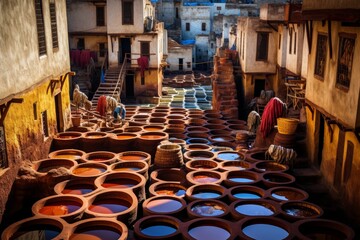 a street with pots of morocco dyes - obrazy, fototapety, plakaty