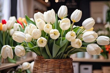 White bouquets of tulips in a flower shop - fresh cut flowers in boxes and vases in a warehouse and racks for sale, delivery for the holiday. Spring, March 8, women's Day, birthday.
