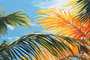 Fototapeta na wymiar a painting of palm trees against a blue sky