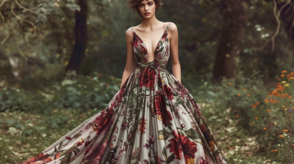 Fototapeta premium This jawdropping floorlength gown features an intricate floral and botanical print in shades of green and burgundy evoking a sense of enchantment and mystery. With its flowy