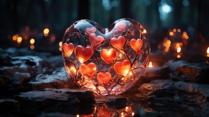 Glass red heart lanterns glow on a dark background. Glass red heart lamps with ornament. Decoration for Wedding or Valentine's Day, 3D wallpaper with red hearts. The magic of love. Fire of love.