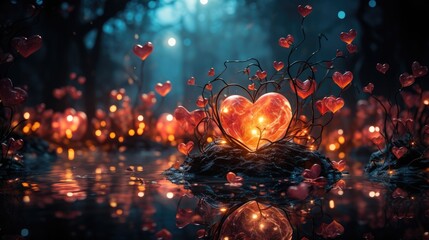 Glass red heart lanterns glow on a dark background. Glass red heart lamps with ornament. Decoration for Wedding or Valentine's Day, 3D wallpaper with red hearts. The magic of love. Fire of love.