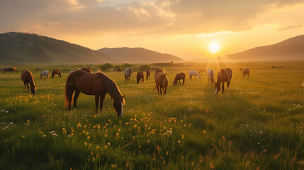 Herd of wild horses grazing in a verdant meadow at dawn - obrazy, fototapety, plakaty