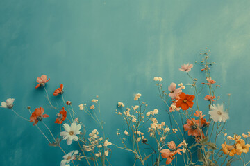 Obraz na płótnie Canvas painting with pretty flowers and a blue wall