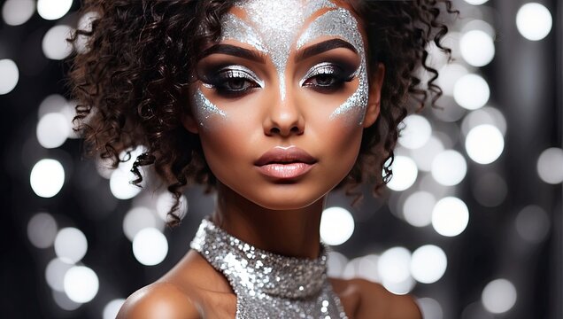 closeup beautiful darkskinned woman with creative makeup with glitter, festive makeup for a party, new year, disco, holiday. 